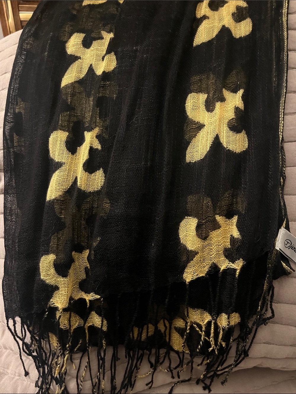 Jeantherapy Black and Gold Floral Motif Fringe Scarf